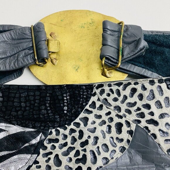 Vtg Mexican Mixed Metal Brass Copper Hand Crafted Belt Buckle Leather Patchwork - Picture 9 of 10